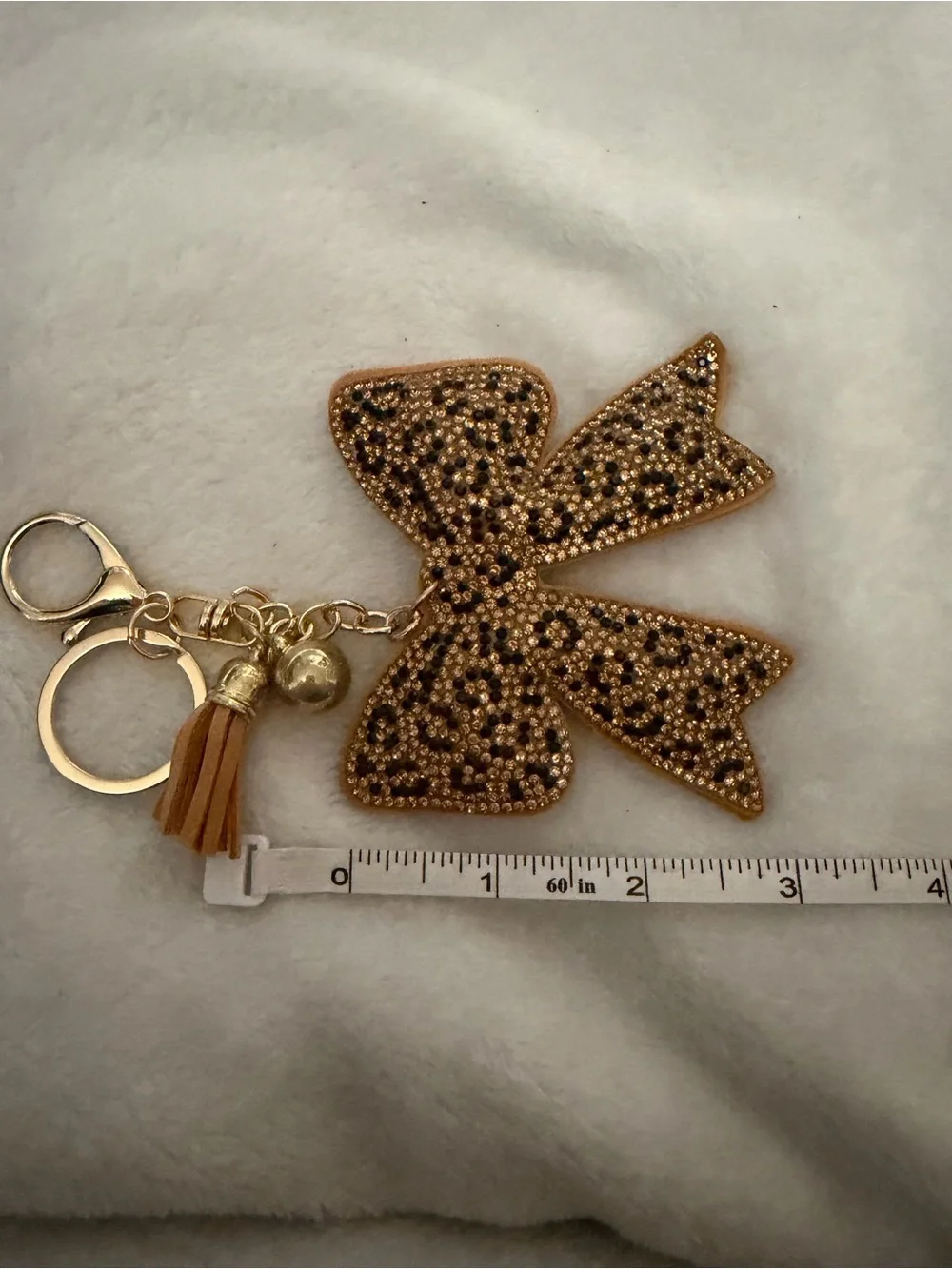 Gold Cheetah Rhinestone Bow Keychain with Tassel